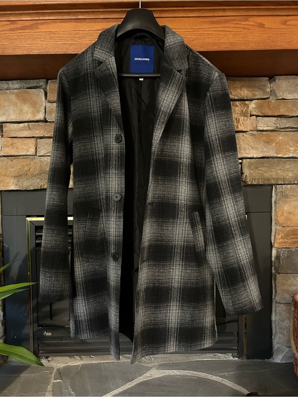 Jack & Jones Black & Gray Plaid Pea Coat